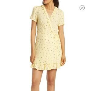 FRNCH Adrina Womens Ditsy Floral Flowers Yellow Faux Wrap‎ Mini Dress Size Small